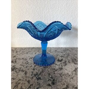 Vintage Stemmed Ruffled Crimped Glass Candy Dish Cobalt Blue. Made In USA READ